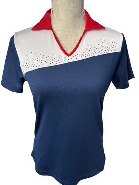 NWT Monterey Club Moisture-Wicking Polo Shirt Navy/Red/White Rhinestone Size S